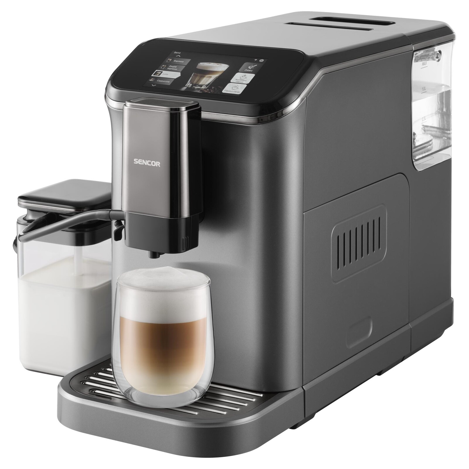 Sencor SES 8500BK Plne automatické SMART espresso/cappuccino TFT displej zabezpečuje jednoduché ovládanie v slovenčine, Sencor Home aplikácia s WIFI