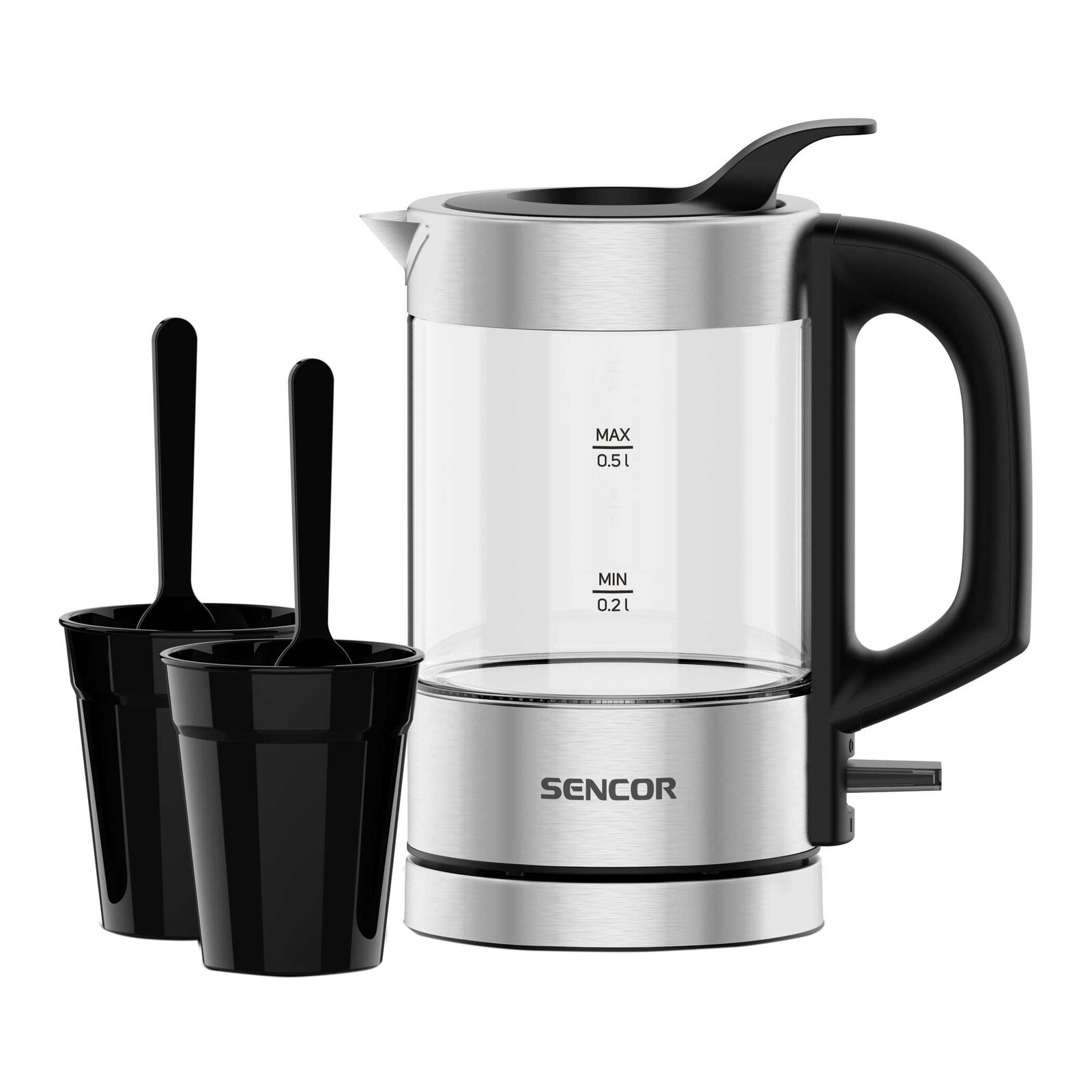 Sencor SWK 160SS Cestovná rýchlovarná kanvica 1 100 W skryté výhrevné teleso Dva poháre a lyžičky z materiálu, ktorý neobsahuje BPA, v balení