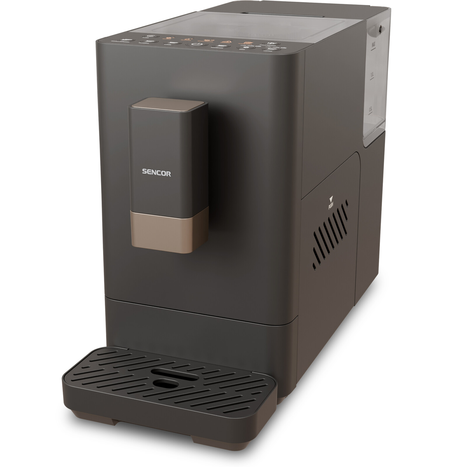 Sencor SES 6100BK Plne automatický kávovar na Espresso Štíhly a kompaktný rozmer len 18,3 cm, 4 plne automatické programy: Espresso, Lungo, dvojité