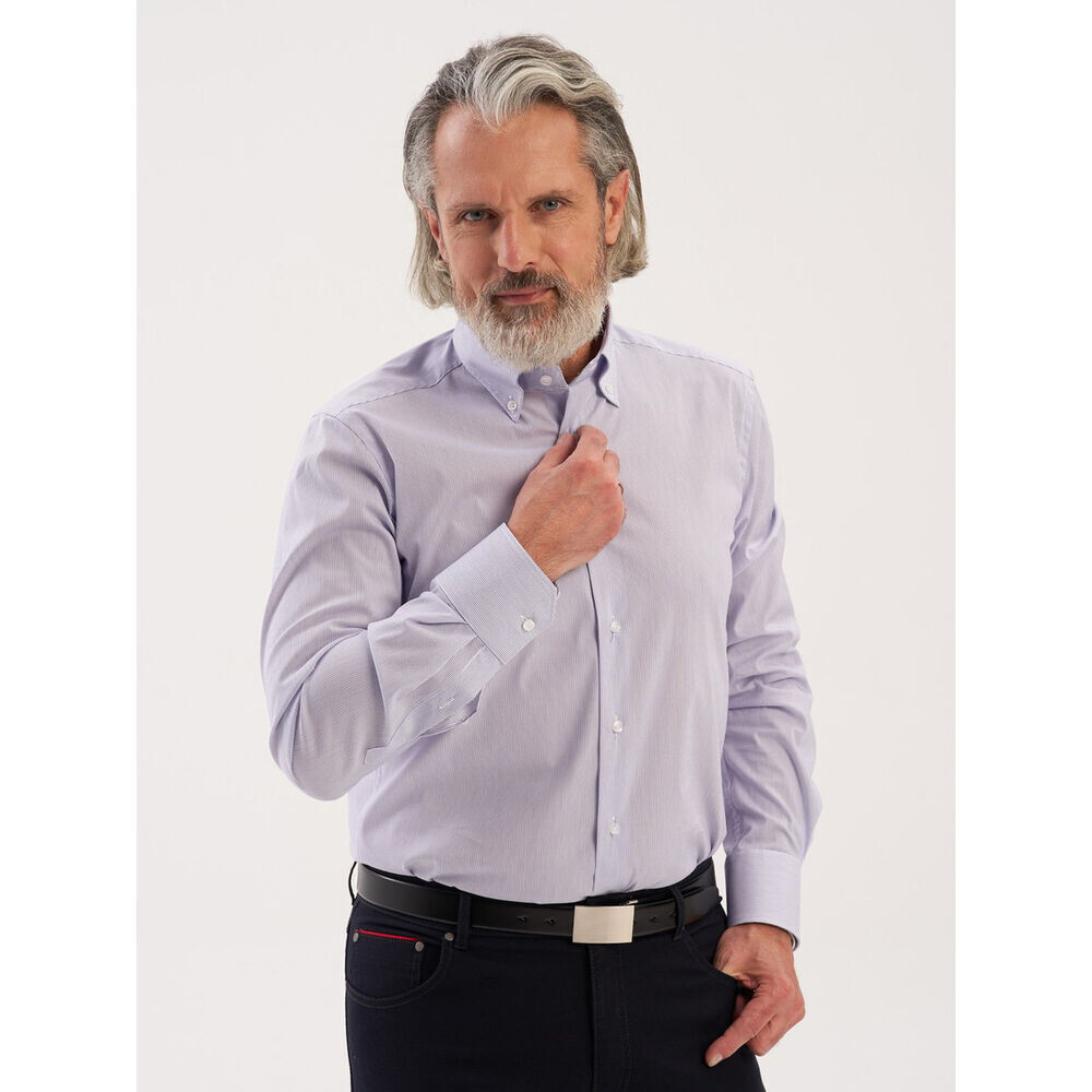 Pánska klasická košeľa s jemným tmavomodrým pruhovaným vzorom 16052