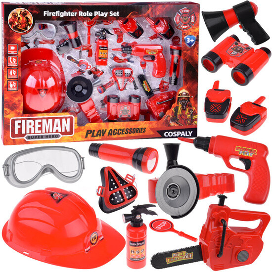 Veľká detská hasičská sada s prilbou, motorovou pílou, vŕtačkou, vysielačkami + uhlová brúska na batérie