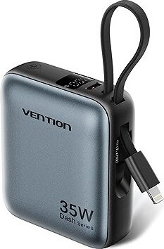 Vention 10000 mAh Mini Power Bank (USB-C + USB-C/Lightning) with built-in USB-C a Lightning Cables