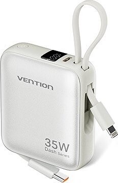 Vention 10000 mAh Mini Power Bank (USB-C + USB-C/Lightning) with built-in USB-C and Lightning Cables