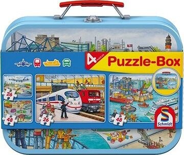 Schmidt Puzzle Doprava 4v1 v plechovém kufříku (26,26,48,48 dílků)