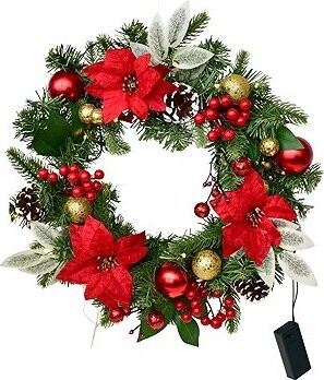 DOMMIO Věnec s ponsetiemi s červenými a zlatými kouličkami, 15× LED, O 40 cm