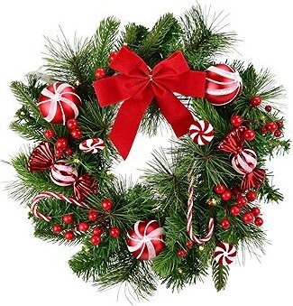 DOMMIO Věnec s červenou mašlí a candy dekoracemi, 15× LED, O 40 cm