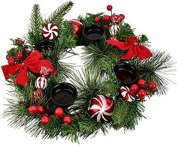 DOMMIO Adventní věnec s červenou mašlí a candy dekoracemi, O 30 cm