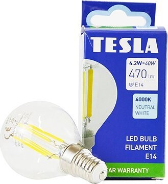 Tesla – LED žiarovka Miniglobe FILAMENT RETRO E14, 4 W, 230 V, 470 lm, 25 000 h, 4000K denná biela,