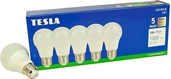 Tesla – LED žiarovka BULB E27, 9 W, 230 V, 1055 lm, 25 000 h, 3000K teplá biela, 220 st – balenie 5