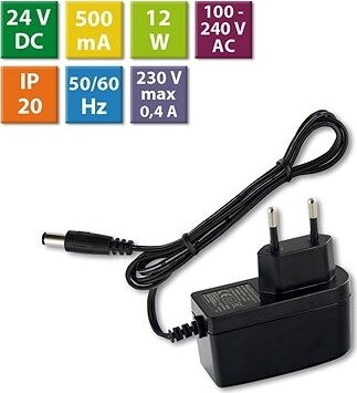 McLED Napájací adaptér 12 W, DC24 V/0,5 A, IP20, čierny plast, s vidlicou