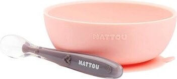 Nattou sada jedálenská silikónová 2 ks miska a lyžička ružová bez BPA