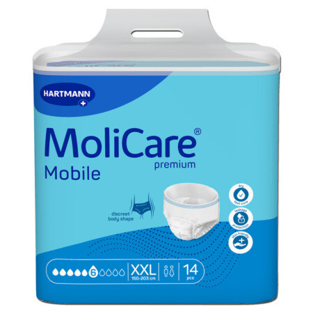 MoliCare Premium Mobile 6 kvapiek XXL plienkové nohavičky naťahovacie modré obvod 150-203cm savosť 2277ml 14ks