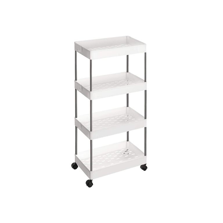 Úzky pojazdný regál na kolieskach, 4 poschodia, 40x22x86 cm