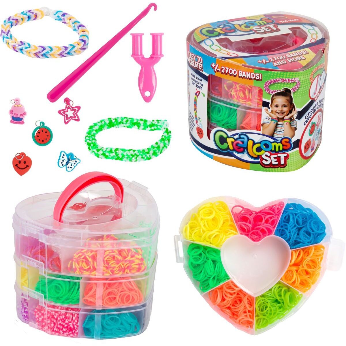 Teddies Urob si svoj náramok - gumičky 2700ks + náradie v plastovej krabičke tvar srdce 16x13cm