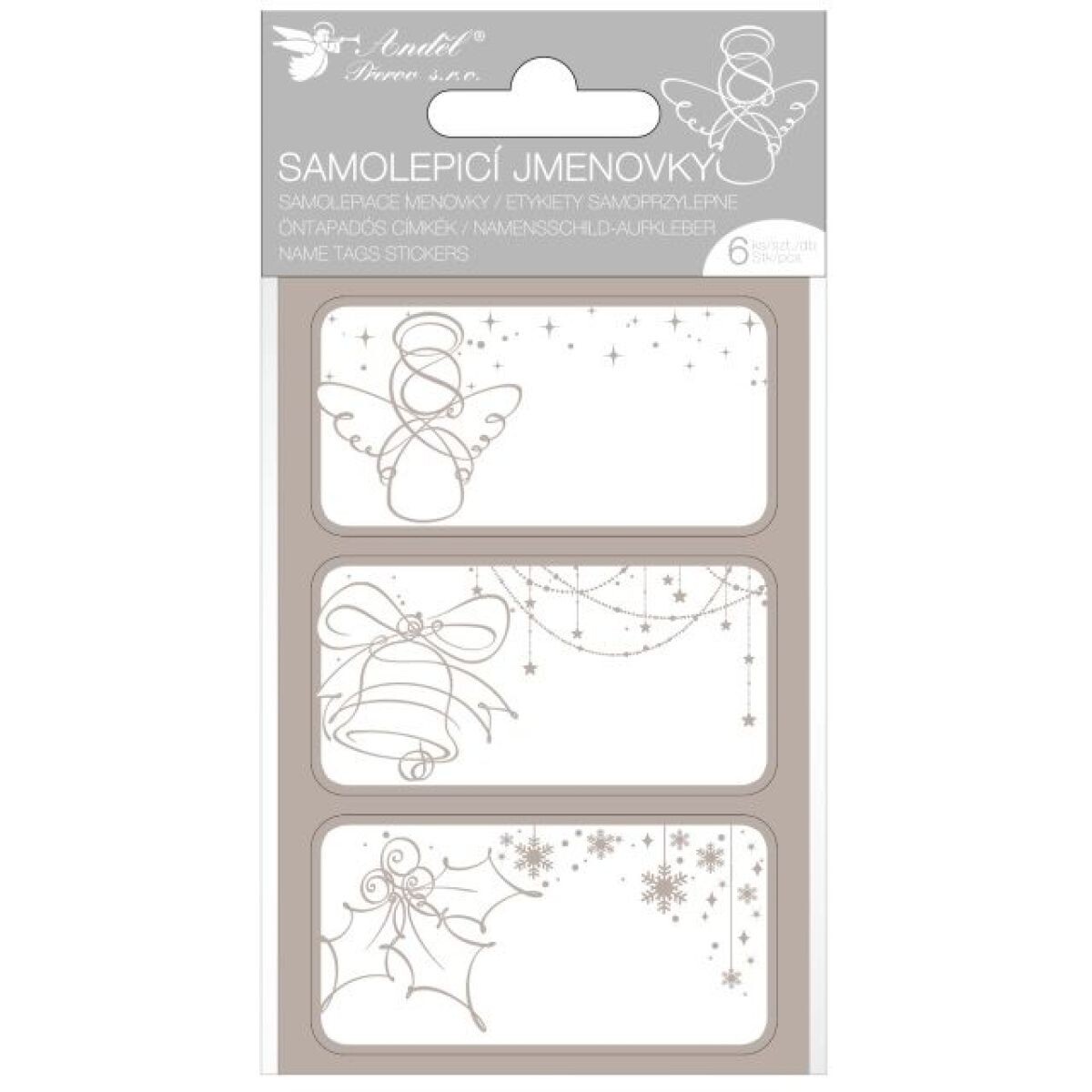 Anděl Přerov Samolepiace menovky na darčeky 8 x 16 cm so striebornou razbou, 6 ks