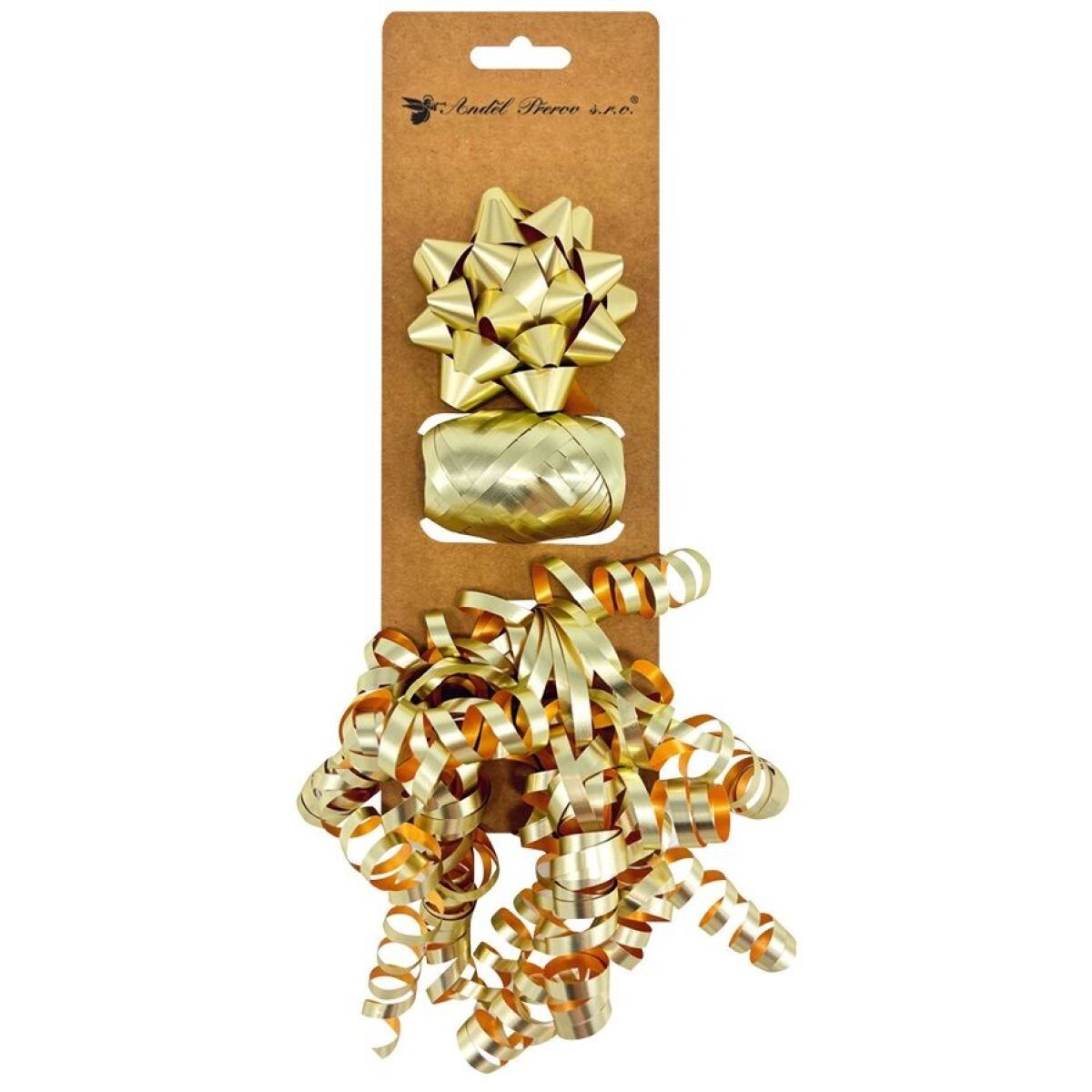 Anděl Přerov Súprava na balenie darčekov zlatá, rozeta 7 x 3,5 x 7 cm, stuha 0,5 cm x 10 m, kučera s lepíkom