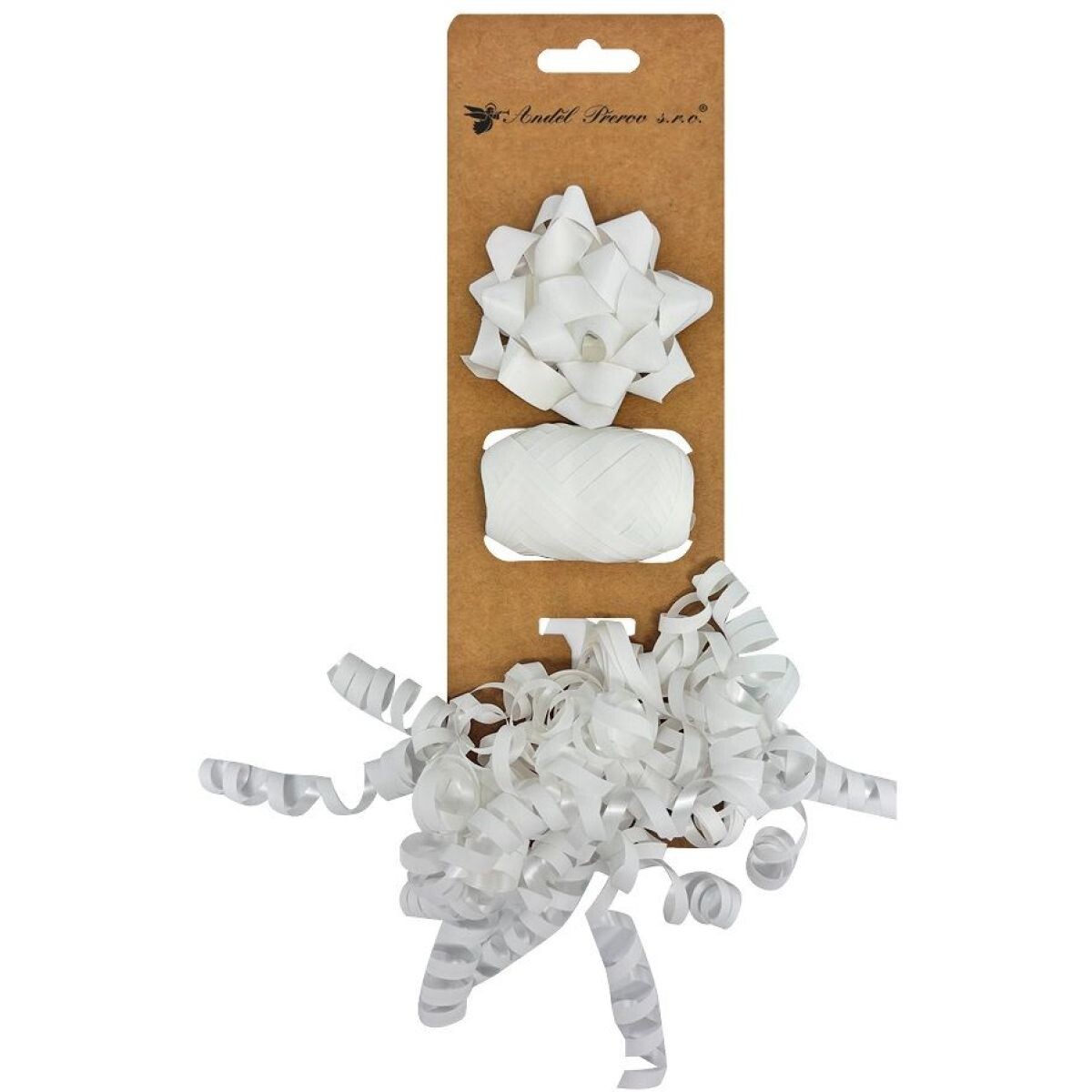 Anděl Přerov Súprava na balenie darčekov biela, rozeta 7 x 3,5 x 7 cm, stuha 0,5 cm x 10 m, kučera s lepíkom