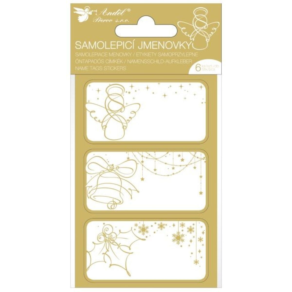 Anděl Přerov Samolepiace menovky na darčeky 8 x 16 cm so zlatou razbou, 6 ks