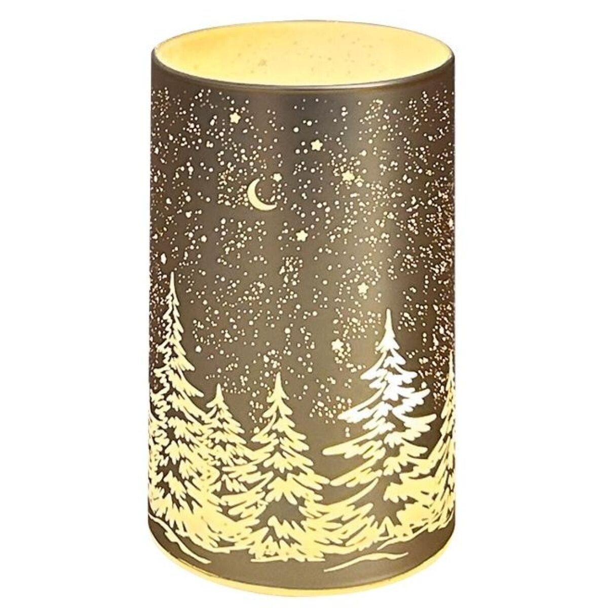 Anděl Přerov Svietiaci sklenený valec s motívom krajiny zlatý, 12,8 x 7,5 cm, teplá biela, 10 LED, časovač