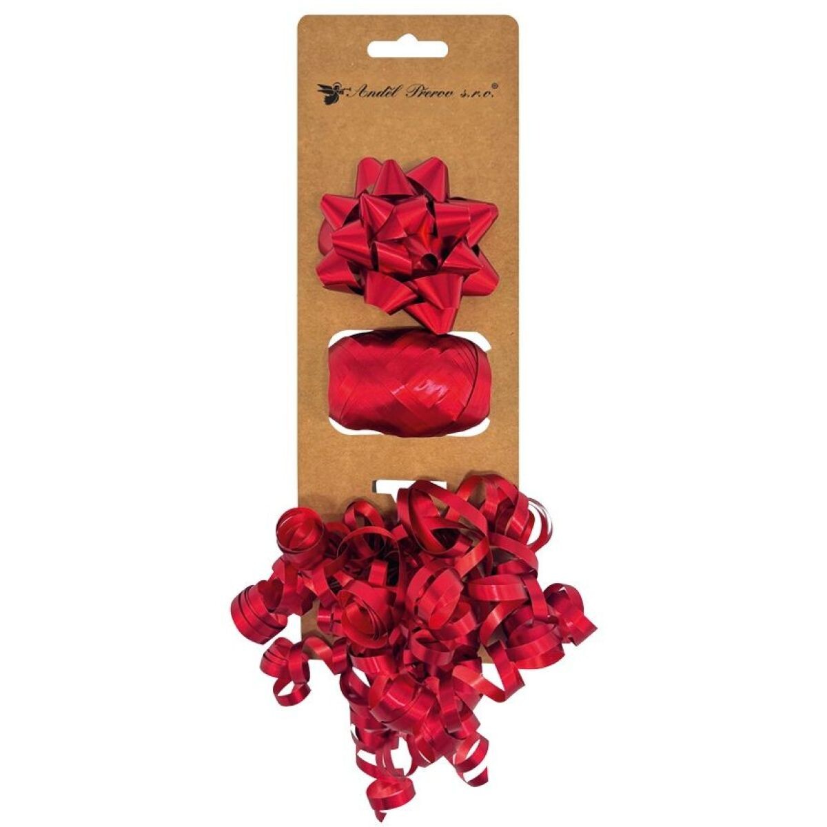 Anděl Přerov Súprava na balenie darčekov červená, rozeta 7 x 3,5 x 7 cm, stuha 0,5 cm x 10 m, kučera s lepíkom