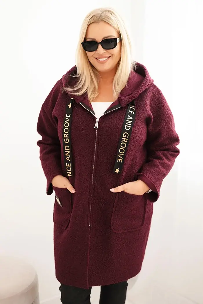 Kesi Włoski Dámsky kabát Plus Size z umelého baránka s kapucňou a vreckami slivkový