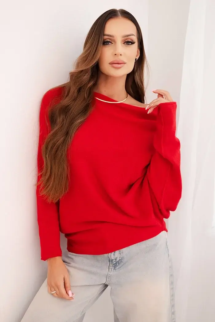 Kesi Włoski Dámsky asymetrický batwing sveter z viskózy červený