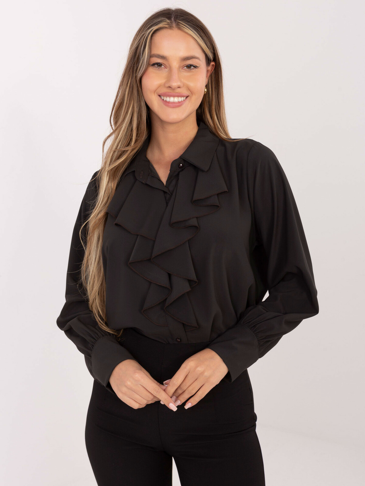 Dámska košeľa s volánmi, tmavohnedá