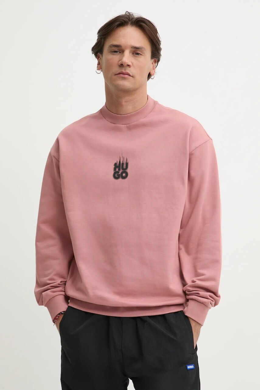 Bavlnená mikina HUGO pánska, ružová farba, s potlačou, 50530427