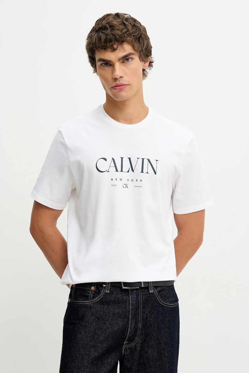 Bavlnené tričko Calvin Klein pánske, biela farba, s potlačou, LV04RE807G