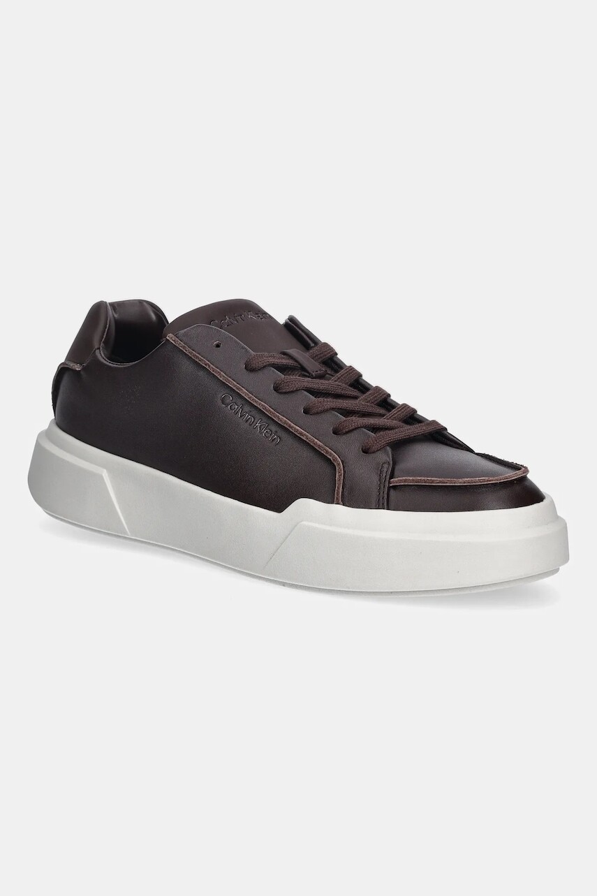 Kožené tenisky Calvin Klein CHUNKY CUPSOLE LACE UP LTH PINCH hnedá farba, YM0YM01454