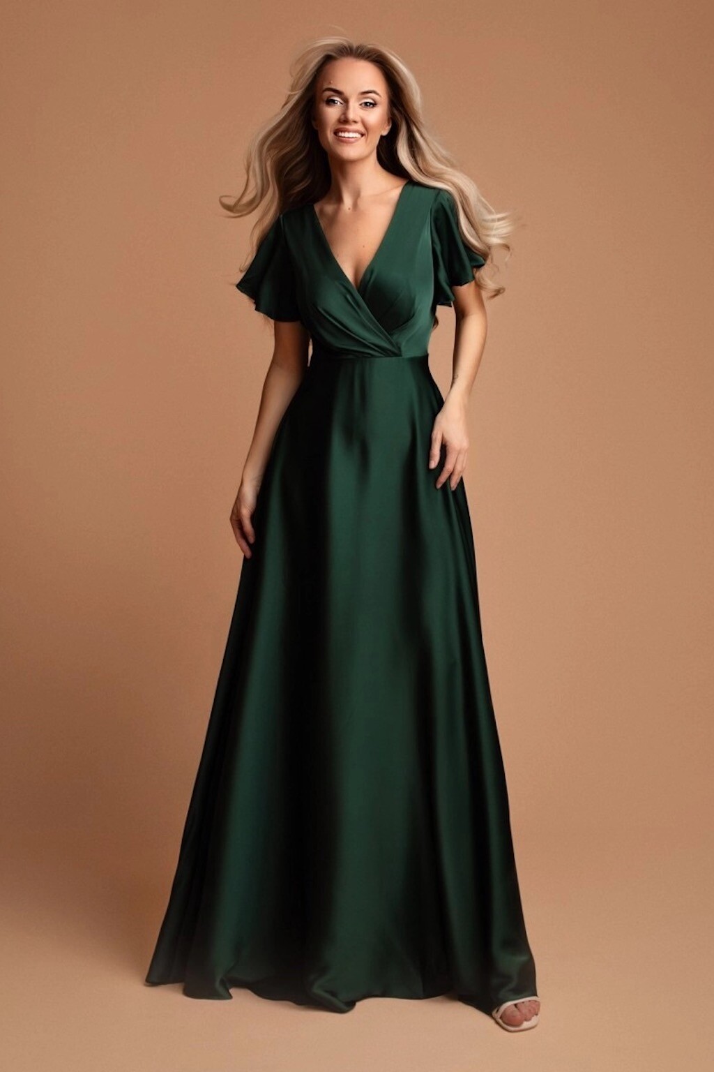 Eva & Lola Smaragdové saténové šaty s voľnými rukávmi Veľkosť: S