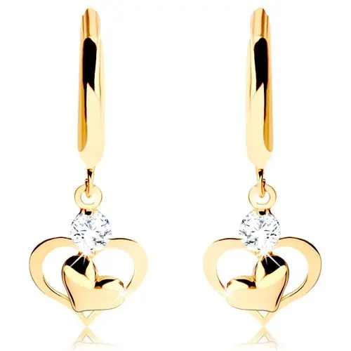 Zlaté náušnice 585 - lesklý kruh s visiacimi srdiečkami a čírym zirkónom