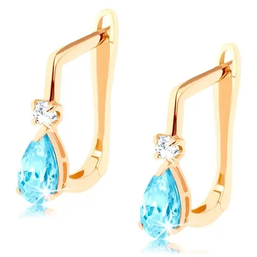 Náušnice v žltom 14K zlate - modrá topásová kvapka a číry zirkón