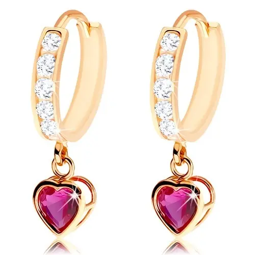 Kĺbové náušnice zo zlata 585 - kruh zdobený čírymi zirkónmi, rubínové srdiečko
