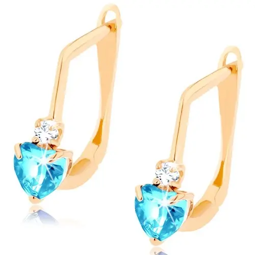 Zlaté náušnice 585 - modré srdce zo syntetického topásu, okrúhly zirkónik čírej farby