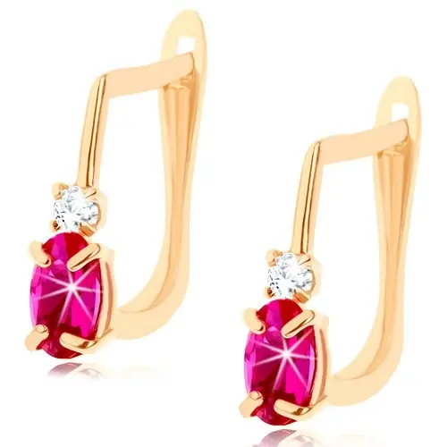 Zlaté náušnice 585 - tmavoružový rubínový ovál, zirkónik čírej farby
