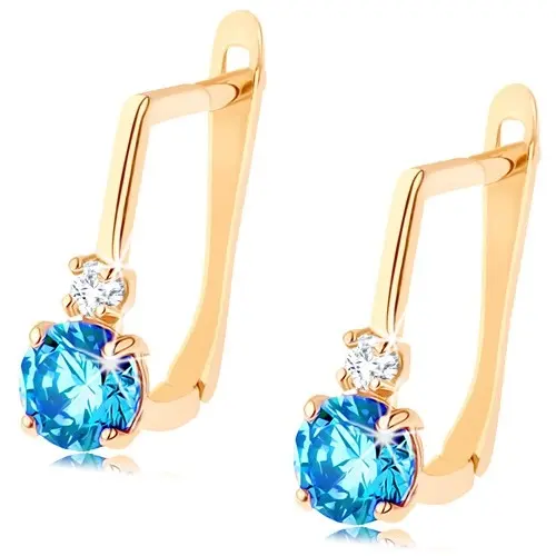 Zlaté náušnice 585 - okrúhly syntetický topás modrej farby, číry zirkónik