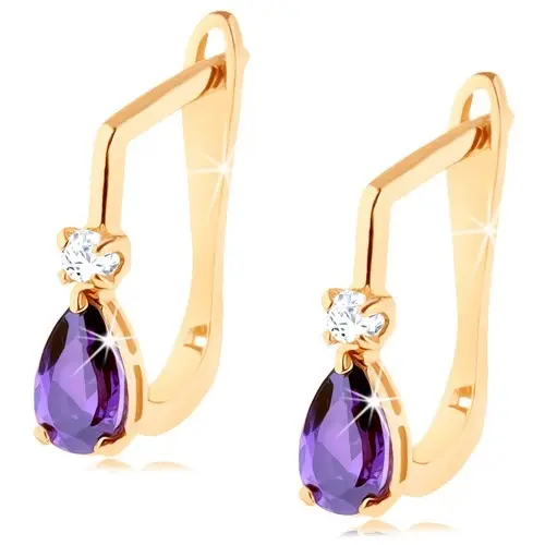 Zlaté náušnice 585 - zirkónik čírej farby a fialová zirkónová kvapka