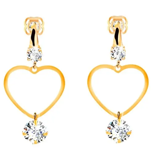 Zlaté 14K náušnice - tenký obrys súmerného srdca, visiaci číry zirkón