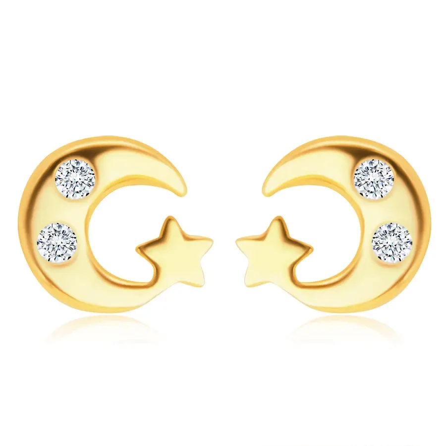 Náušnice v žltom zlate 585 - lesklý mesiačik s dvoma zirkónikmi a hviezdička