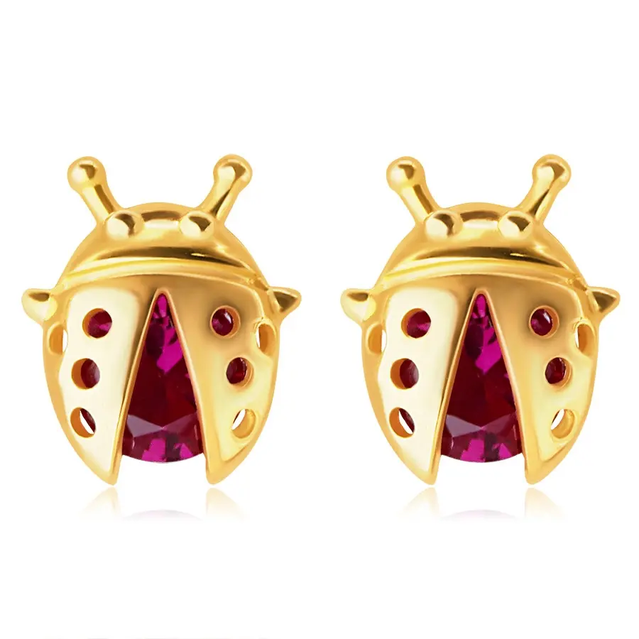 Puzetové zlaté náušnice 585 - lienka s bodkami a bruškom zo zirkónu uprostred krídel