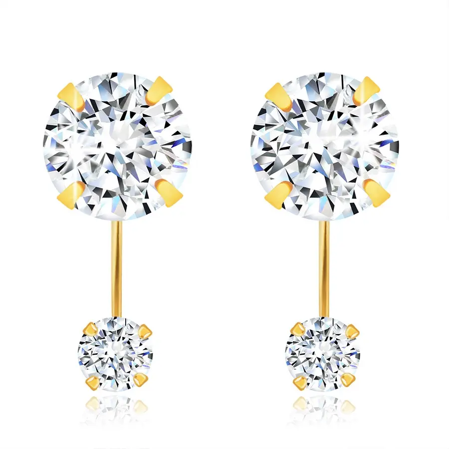 Zlaté 585 náušnice - ligotavý číry zirkón a okrúhly číry zirkónik na paličke