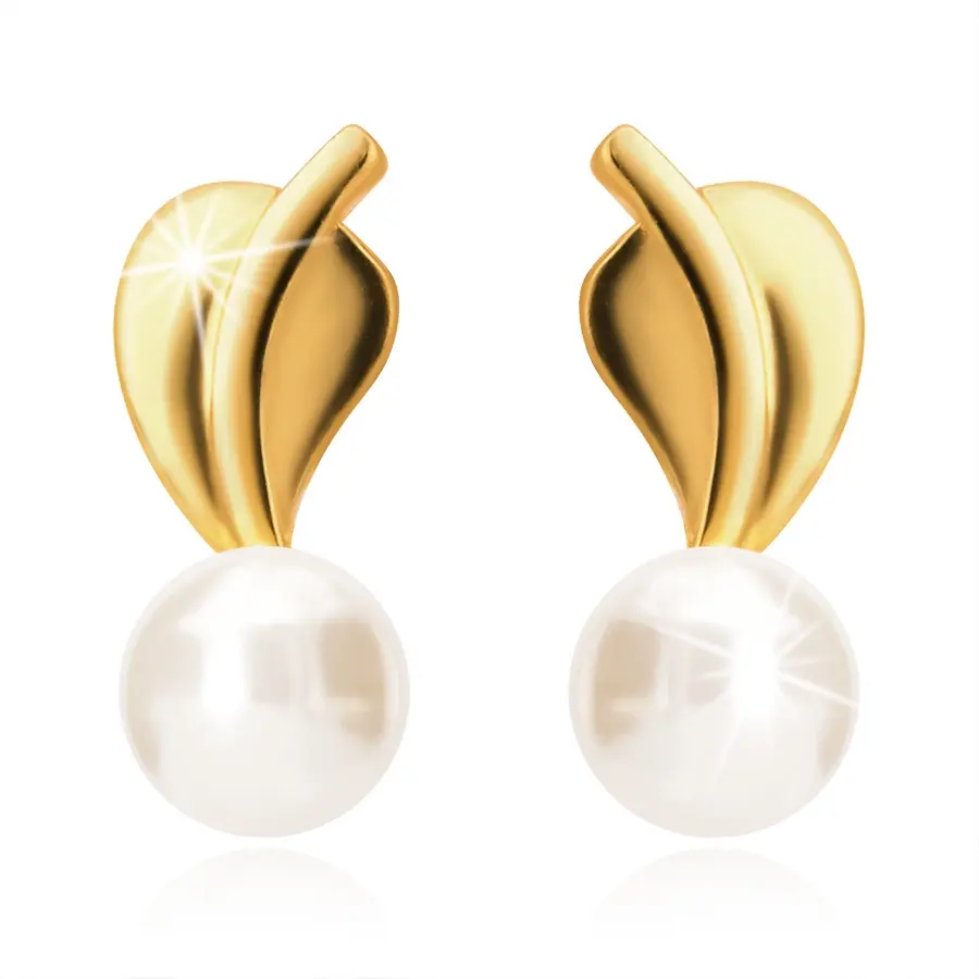 Náušnice zo žltého 14K zlata - list so stopkou, biela perla