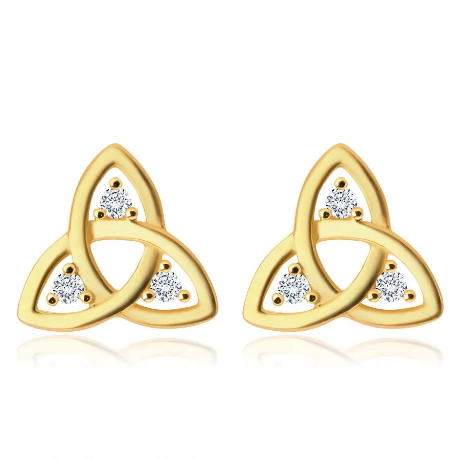 Zlaté náušnice 585 - symbol Triquetra, okrúhle číre zirkóniky