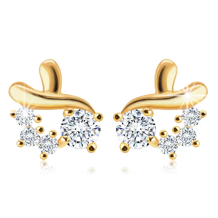 Náušnice v 14K žltom zlate - dva prekrížené pásiky, zirkóny v čírom odtieni