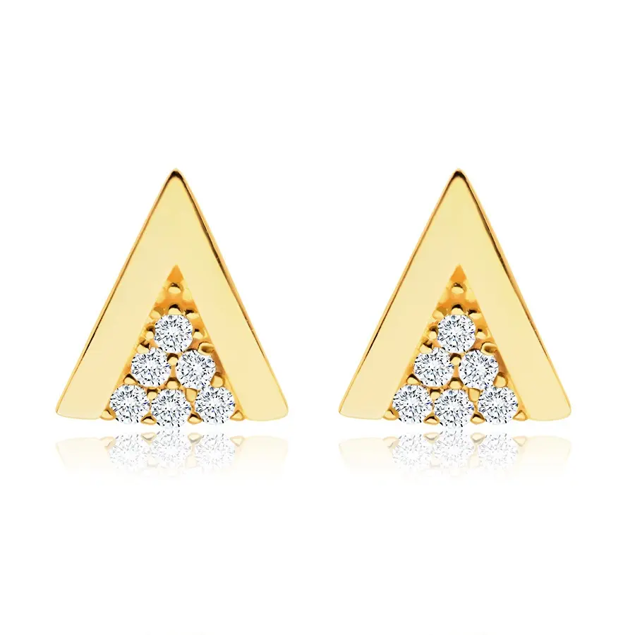 Náušnice zo žltého zlata 585 - plochý trojuholník, okrúhle číre zirkóniky