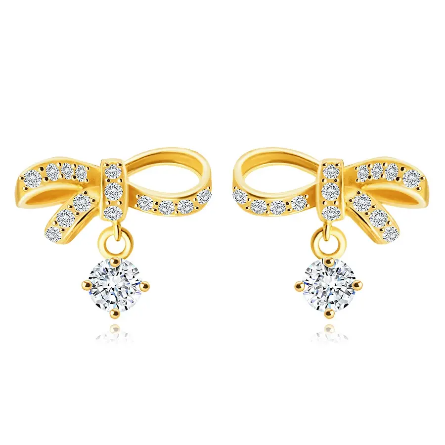 Náušnice v žltom 14K zlate - asymetrická mašľa so zirkónikmi, brúsený číry zirkón