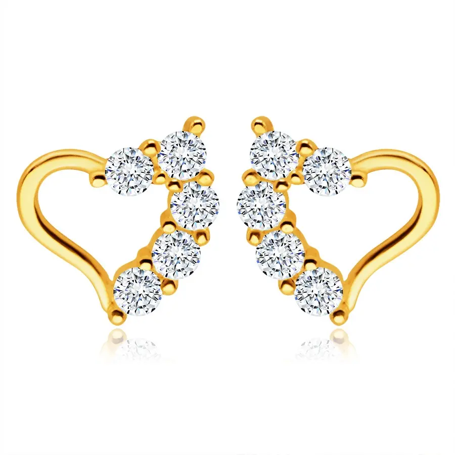 Zlaté náušnice zo 14K žltého zlata - nepravidelná kontúra srdca, číre zirkóniky