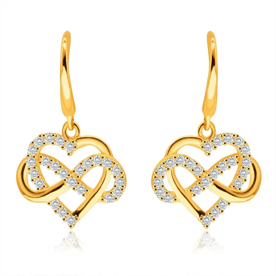Zlaté náušnice zo 14K žltého zlata - kontúra srdca, symbol nekonečna, číre zirkóniky