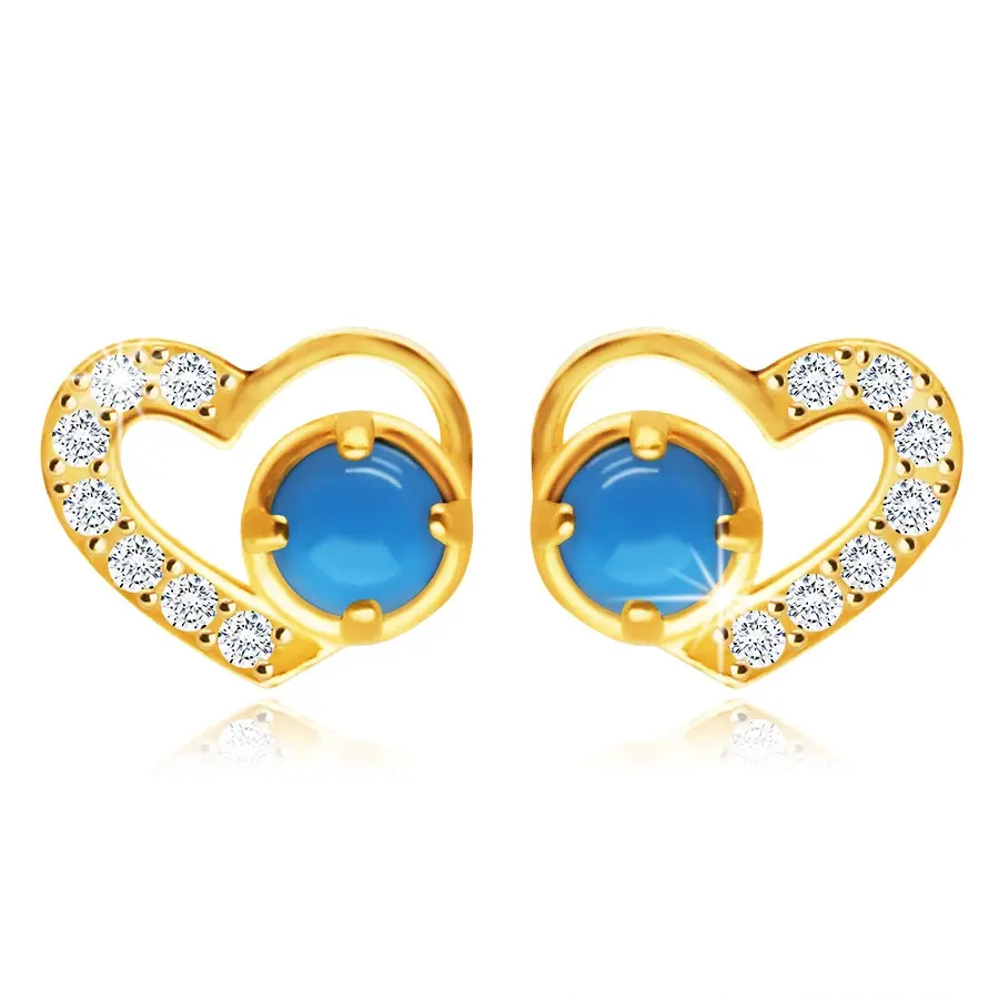 Náušnice v žltom zlate 585 - symetrické srdce s čírymi zirkónikmi a syntetickým tyrkysom